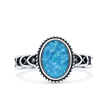 Weave Celtic Vintage Style Lab Opal Ring Solid Oval Oxidized Lab Created Blue Opal 925 Sterling Silver